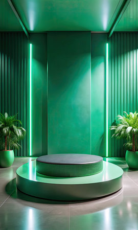Green round podium in modern green interior.の素材