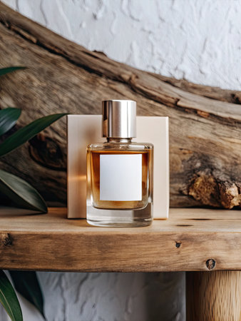 bottle of perfume on wooden shelf in modern bathroom with tropical leavesの素材