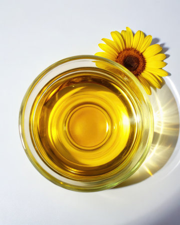 A glass of sunflower oil and a flower on a white backgroundの素材