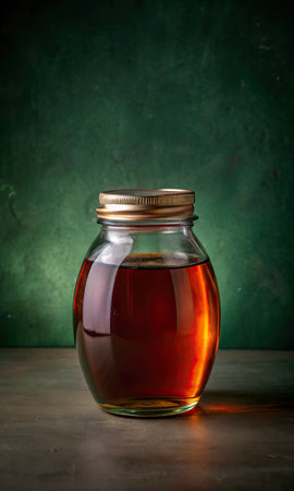 Honey in a glass jar on a dark background.の素材