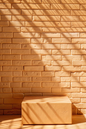 Product display stand in front of brick wall with sunlight and shadows.の素材