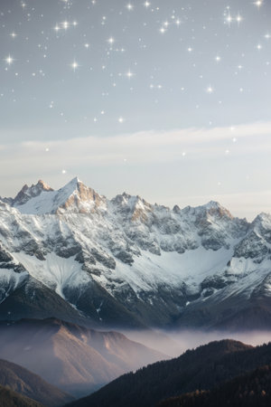 Mountain landscape with stars and snowflakes in the sky.の素材