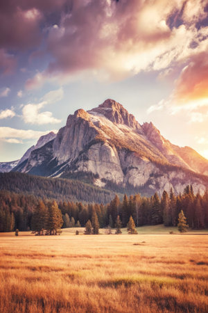 Golden Sunset Over Rugged Mountain Peak with Forest and Meadow in Serene Landscapeの素材