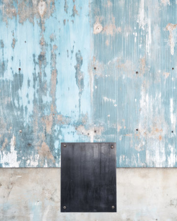 Blank black signboard on grunge blue metal wall background.の素材