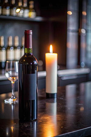 Bottle of red wine on the table in a restaurant with candlesの素材