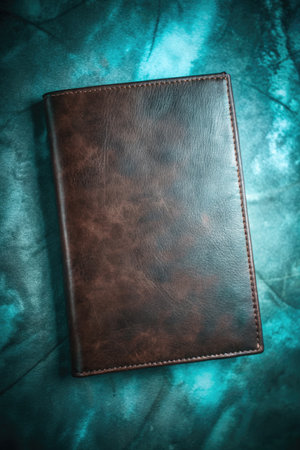 Leather notebook on a turquoise background close-up.の素材