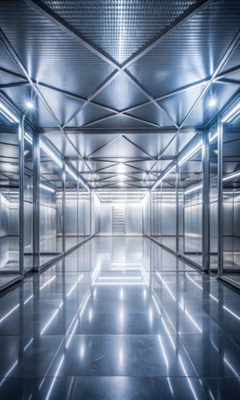 Interior of a corridor in a modern office building with lights and reflectionsの素材
