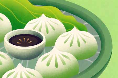 Chinese steamed dumplings on a green background. Vector illustration.の素材