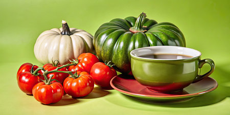 Autumn still life with pumpkin, tomatoes and cup of coffee on green backgroundの素材
