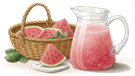 Fresh watermelon slices in basket with pitcher of juice on white surface, refreshing summer fruit and beverage conceptの素材