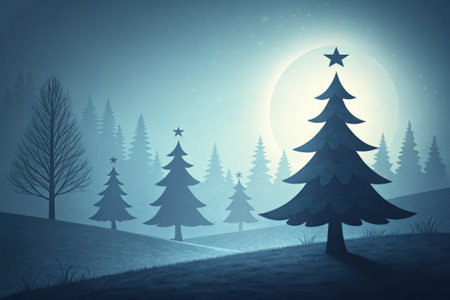 Winter landscape with fir trees and moon in the night sky. Vector illustration.の素材