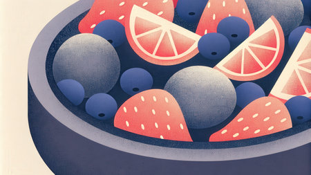 Fruit salad in a bowl with strawberries, blueberries, oranges and grapefruitsの素材