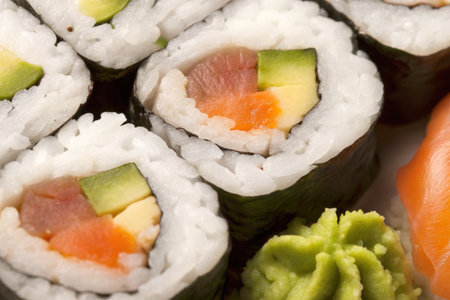 Sushi rolls with salmon, avocado, cucumber and wasabiの素材