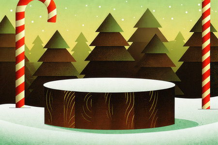 christmas background with podium and candy canes, christmas treesの素材