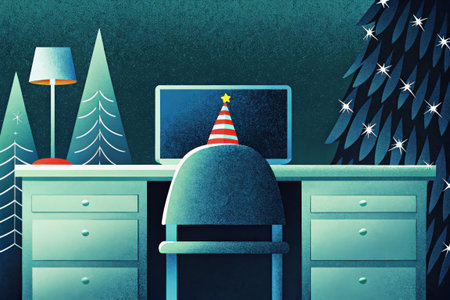 Illustration of a desk with a computer and a christmas treeの素材