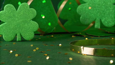 Clover leaf and gold coins on green background. St. Patrick's day concept.の素材