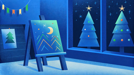Christmas tree on easel in blue room with christmas decorations.の素材