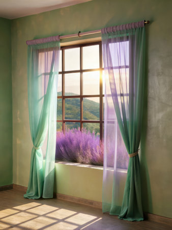 Window with curtains and lavender on the background of the mountains.の素材