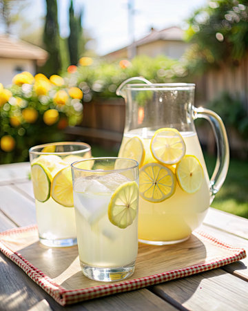 Lemonade in a glass and jug on a table in the gardenの素材