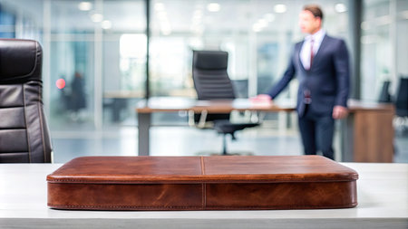 Businessman pushing a coffin in a meeting room with a blurred backgroundの素材