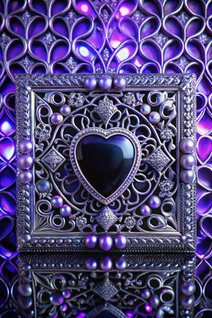 Luxury metal frame with a heart shape on a purple backgroundの素材