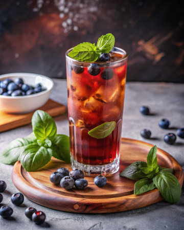 Blueberry iced tea with fresh berries and mint on dark backgroundの素材