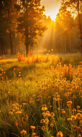 Sunset in the summer forest. Beautiful nature scene with sunbeams and lens flare.の素材