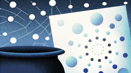 Magician's hat against white and blue dots pattern on blue backgroundの素材