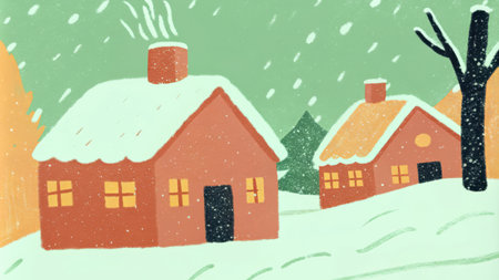 Winter rural landscape with houses and trees under falling snow. Vector illustration.の素材