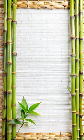 bamboo frame on white brick wall background with copy space for textの素材