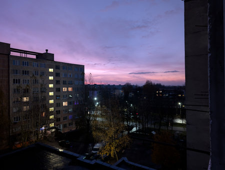 Sunset in the city of Krakow, Poland. View from the window.の写真素材
