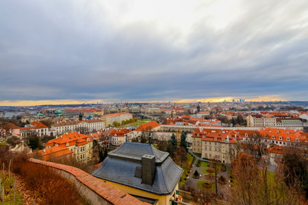 Prague, Czech Republic 8 December, 2017: Evening sunset from the St. Vitus Cathedral wall, largest...