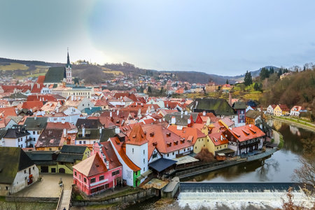 CESKY KRUMLOV, CZECH REPUBLIC -  8 December, 2017:Castle, Tower, St. Vitus Church in cityscape Cesky...