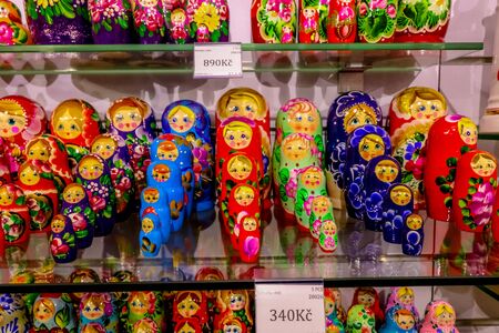 Prague, Czech Republic - 8 August, 2017: Matryoshkas in souvenir shops, the Old Town Square area.のeditorial素材