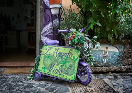NEMI, ROMA, ITALY-SEPTEMBER 10, 2016. A beautiful decorated bicycle on the lovely street of the small town of Nemi, Lazio, near Rome.のeditorial素材