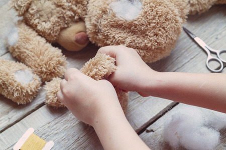 A girl sews a bear toy. Handicraft with children. Child fills the toy with a sintepon.の写真素材