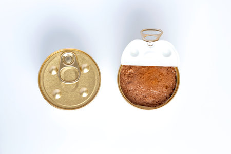 Cat food canned food in a jar on a gray background . Meat pate with pieces of meat.