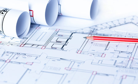 Architectural plans, pencils and roll. Technical project drawing.