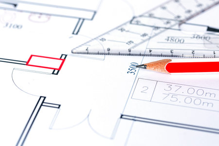 Engineering and architectural drawing, red pencil, background