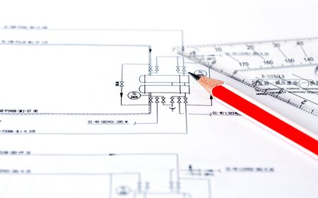 Engineering and architectural drawing, red pencil.Technical project drawing.の写真素材