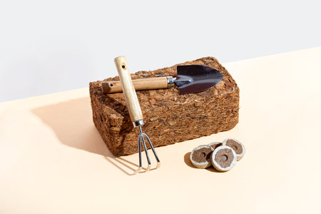 Garden set. Shovel, rake, coconut fiber and round peat briquettes on a beige background. Isometricの写真素材