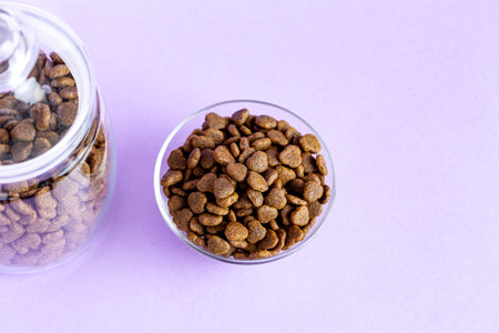 Dry pet food in a glass jar and bowl close-up on a lilac backgroundの写真素材