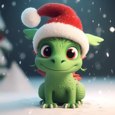 Little green dragon in a red Christmas hat. Symbol of 2024の素材