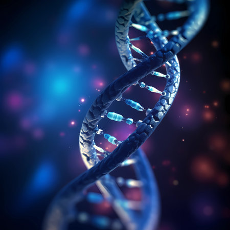 Illustration of the molecular structure of human cell biology DNA strands. On a blue background. illustration; Generative AIの素材