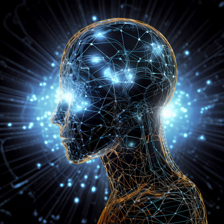 Robot head on a black background with blue glowing pulses around styleの素材