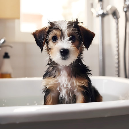 Cute shaggy, kind puppy sits in a bath and bathesの素材