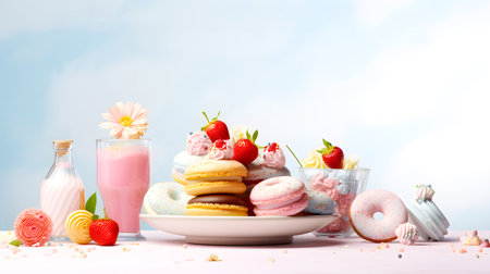 Sweet diet donuts, marshmallows, strawberry milkshakes on a light blue backgroun.の素材