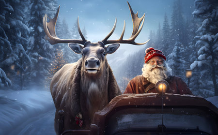 A beautiful deer sits in a sleigh with Santa Claus on the road in the evening forest. Atmosphere of celebration and magic.の素材