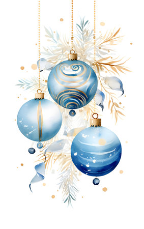 Christmas decorations balls, light aquamarine and beige, vintage poster design. New Year card. Realistic watercolor paintingsの素材