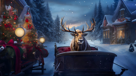 A beautiful deer sits in a sleigh on the road in the evening forest. Atmosphere of celebration and magic.の素材